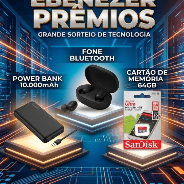 RIFA POWER BANK, FONE BLUETOOTH, CARTÃO DE MEMORIA 64
